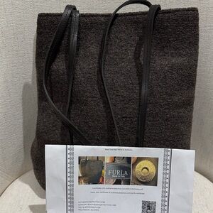 Furla Dark Brown Wool Tote with Black Leather Straps